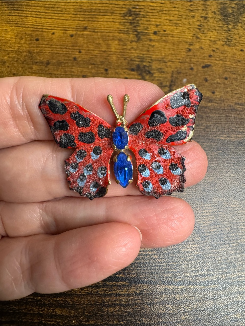 Vintage Red and Black Butterfly Brooch with Blue Crystal Body